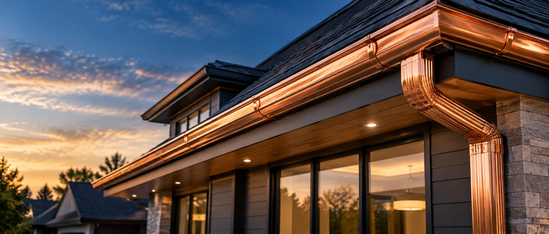 Half-round copper gutter and round downspout along the eaves of a house at dusk