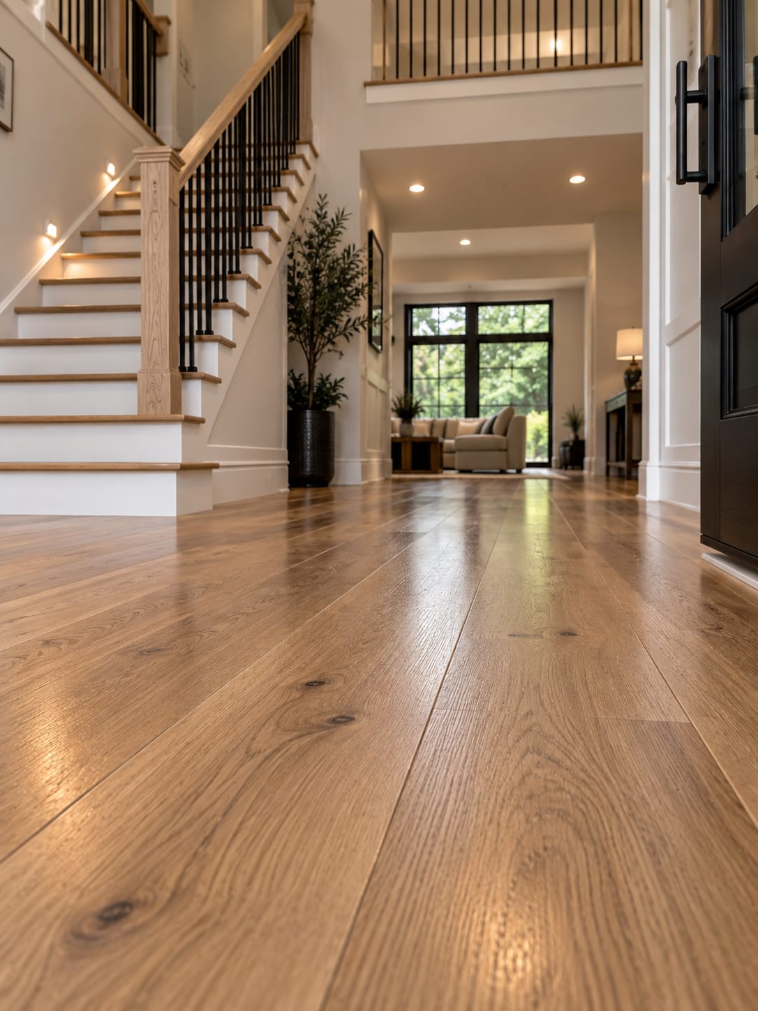 Wide plank oak floor running the length of an entry hall, with a staircase on the left and daylight from a window at the far end