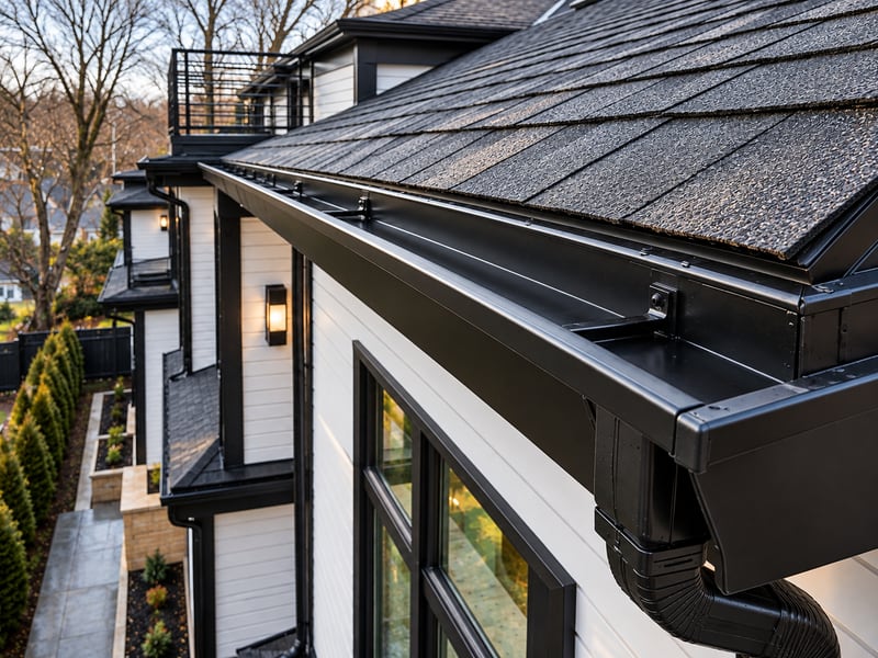 Close-up of a black seamless gutter and downspout along the roofline of a modern white and black house