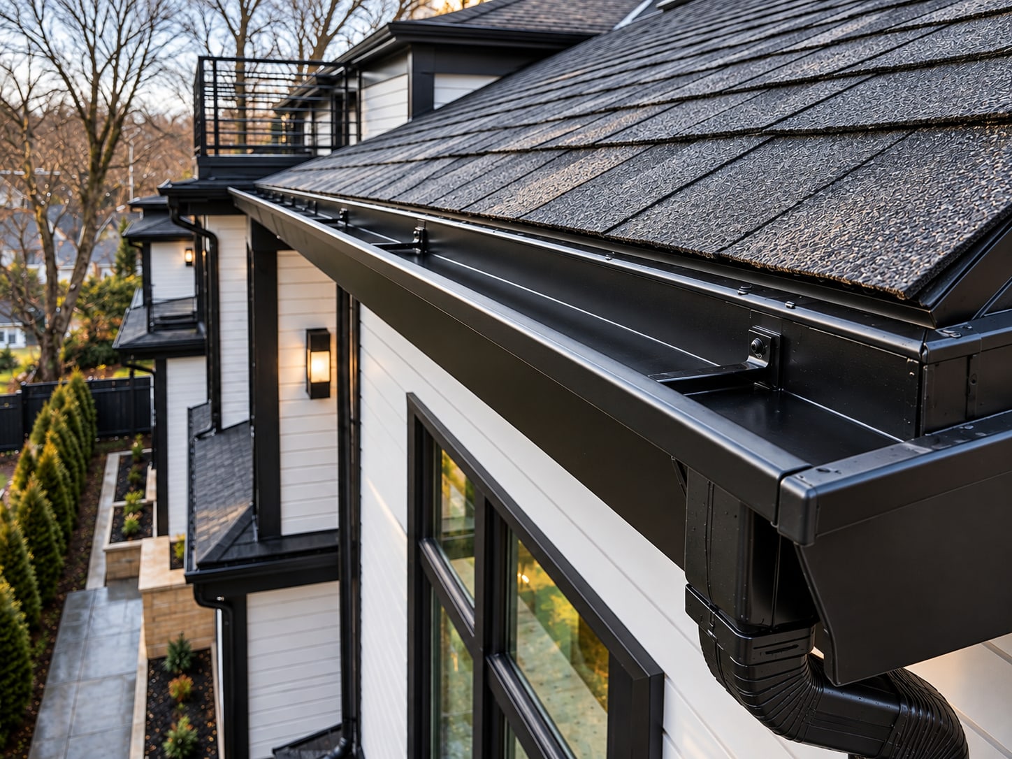 Close-up of a black seamless gutter and downspout along the roofline of a modern white and black house