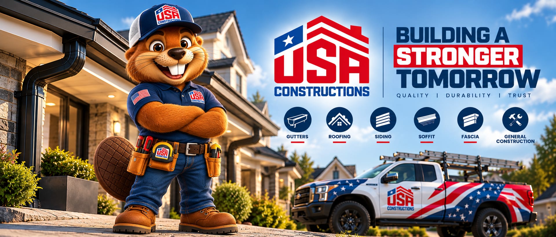 USA Constructions: a beaver mascot in company uniform outside a finished house, beside the company logo, the line Building a Stronger Tomorrow - quality, durability, trust - marks for gutters, roofing, siding, soffit, fascia and general construction, and a branded pickup truck