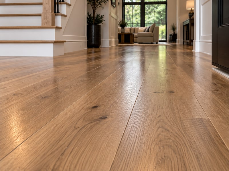 Wide plank oak floor running the length of an entry hall, with a staircase on the left and an open living room beyond